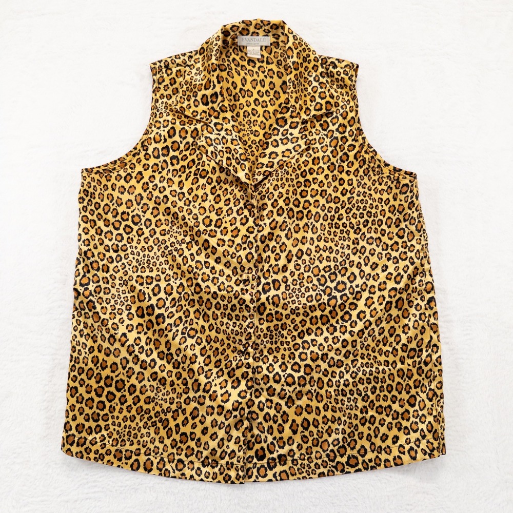 Evandale Womens Pajama Top M Brown Leopard Print Satin Sleeveless Button Up